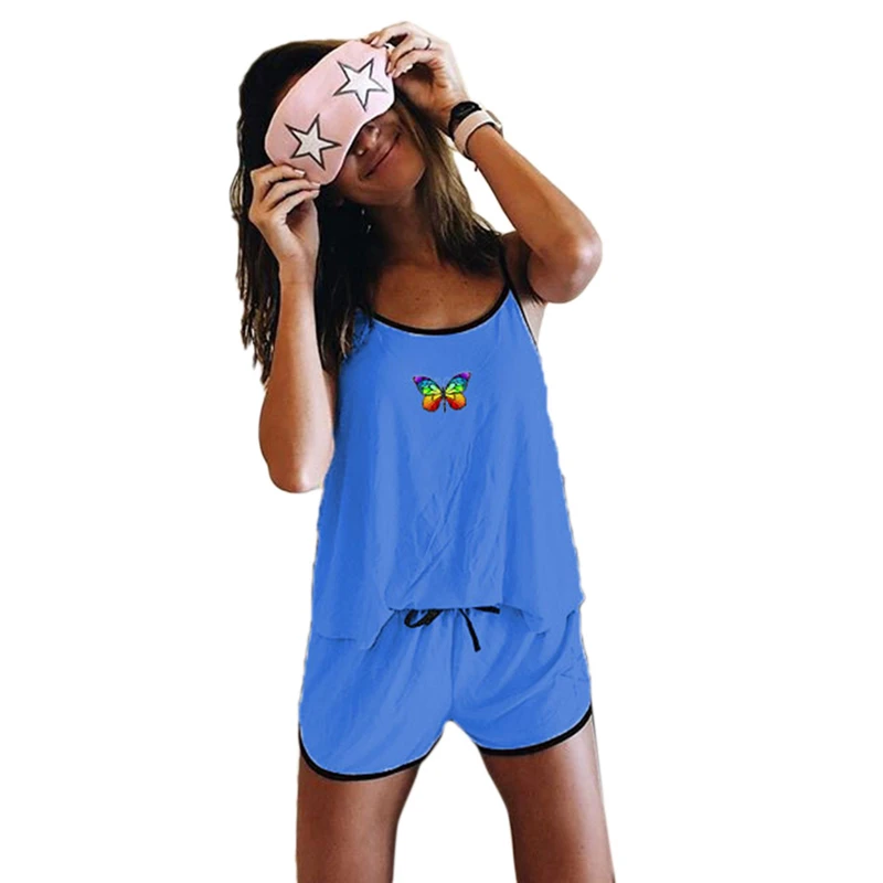 

2020 Summer Butterfly Printing Two-Piece Women's Home Wear Slim Shirt + Drawstring Sleeveless Shorts Clothes Set
