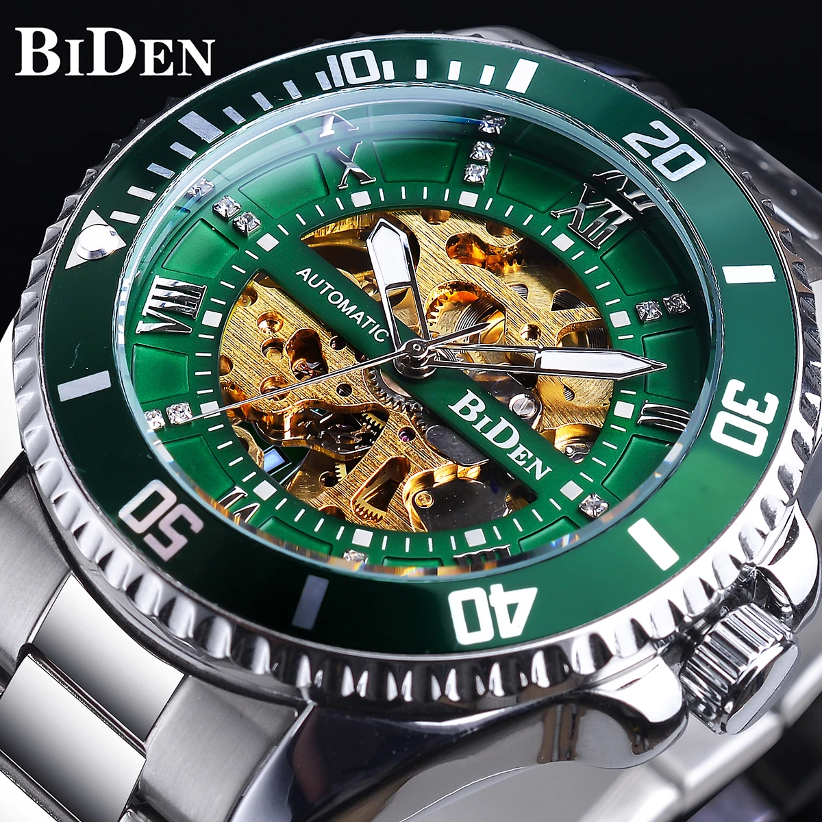Relógio de Aço Inoxidável à Prova Biden Verde Esqueleto Dial Diamante Design Automático Dwaterproof Água Luminosa Mão Homem Negócios Relógio Mecânico
