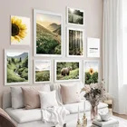 Постер на холсте с изображением подсолнуха, травы, восхода, природы, пейзажа, Скандинавский дизайн, картина в скандинавском стиле