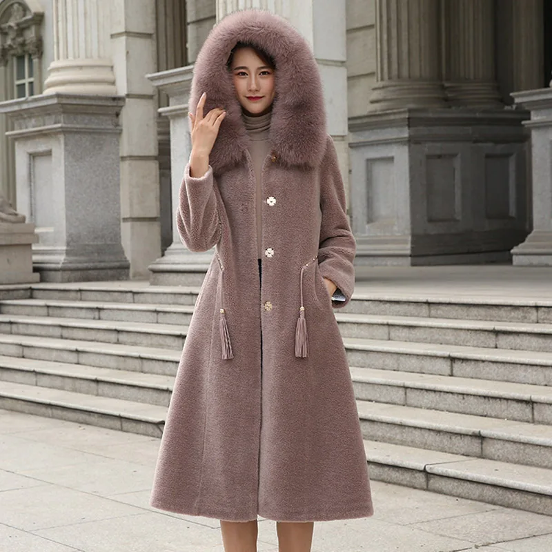 

Coat Real Female Fur Winter Natural Fox Fur Hooded Jacket Women Korean Long Sheep Shearing Coats Vintage 100% Wool Jacket LW1929