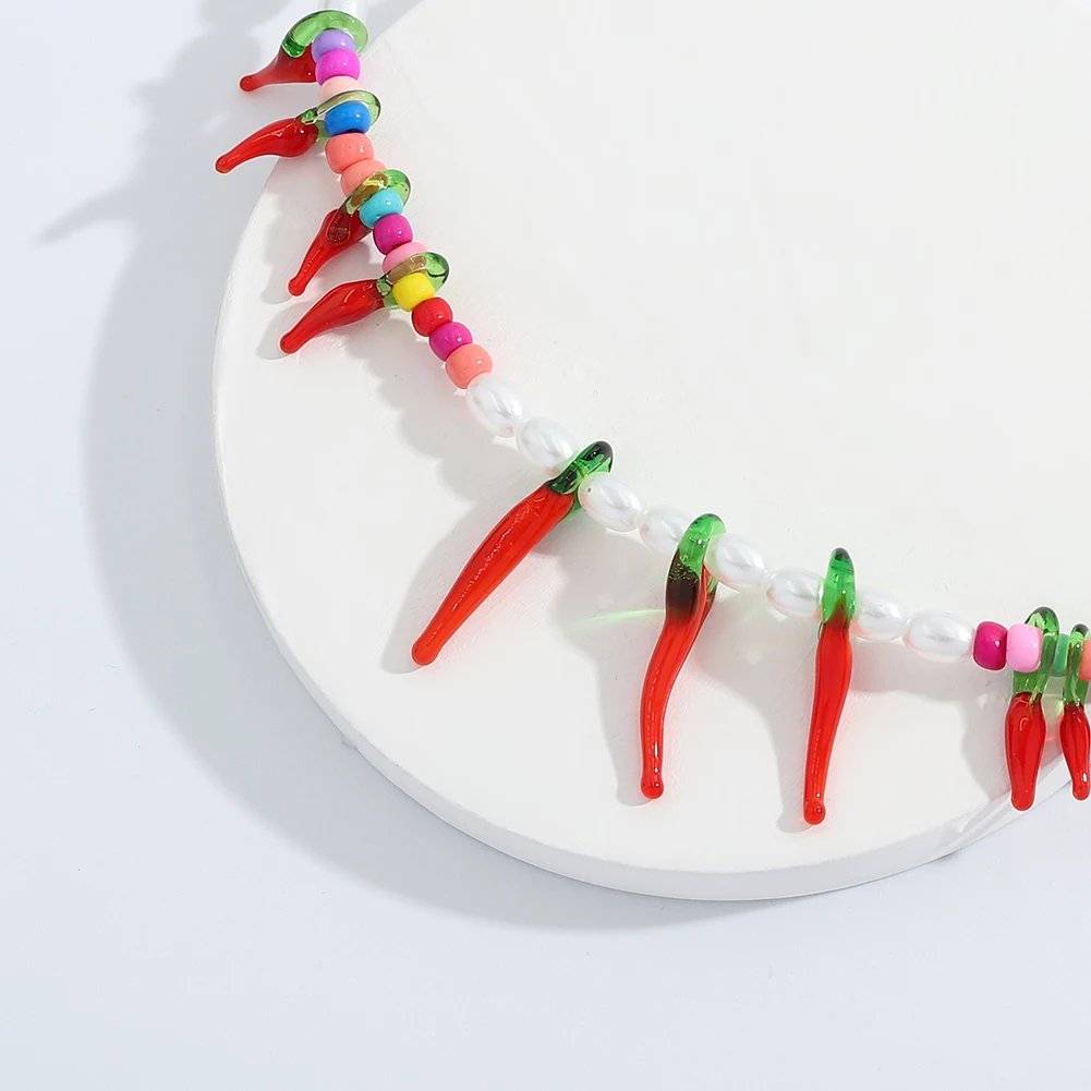 

Best Lady Fashion Red Chili Pepper Necklaces for Women Bohemian Beads Handmade Pearls Stone Collar Choker Necklaces Jewelry Gift