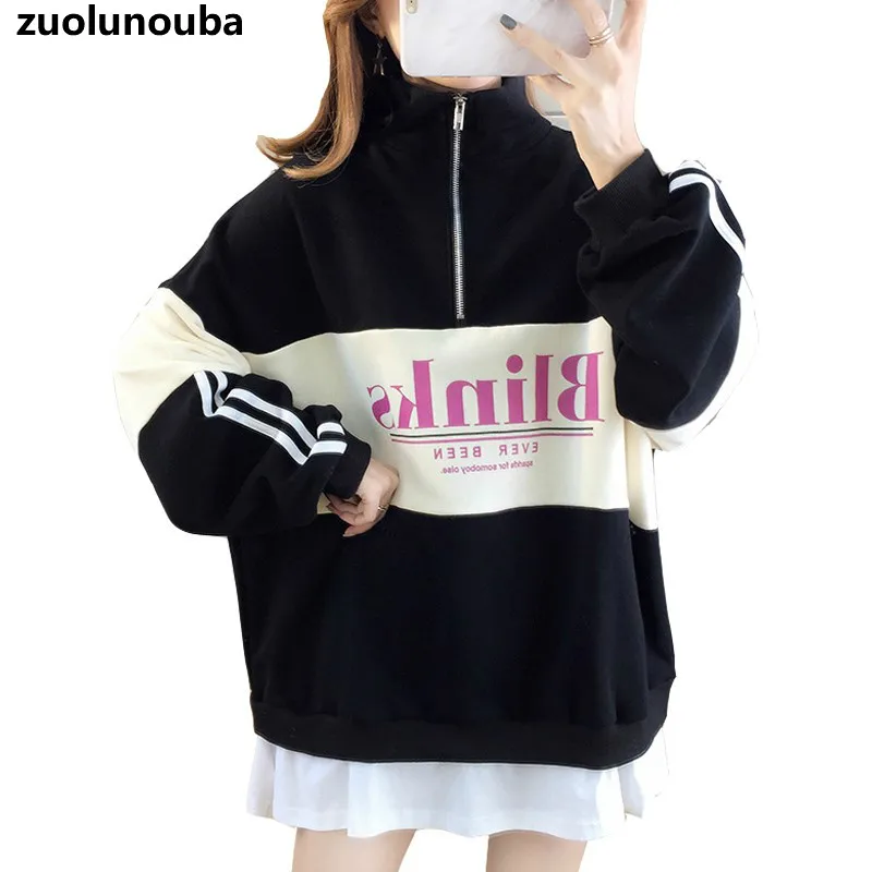 

2020 Autumn And Winter High Neck Zipper Thickened Ladies Pullover Mid-length Letters Loose Plus Velvet Sweet Women Sweatshirt