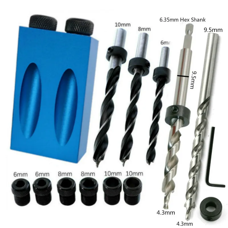 

Woodworking Oblique Hole Locator Drill Bits Pocket Hole Jig Kit 15 Degree Angle Drill Guide Set Hole Puncher DIY Carpentry Tools