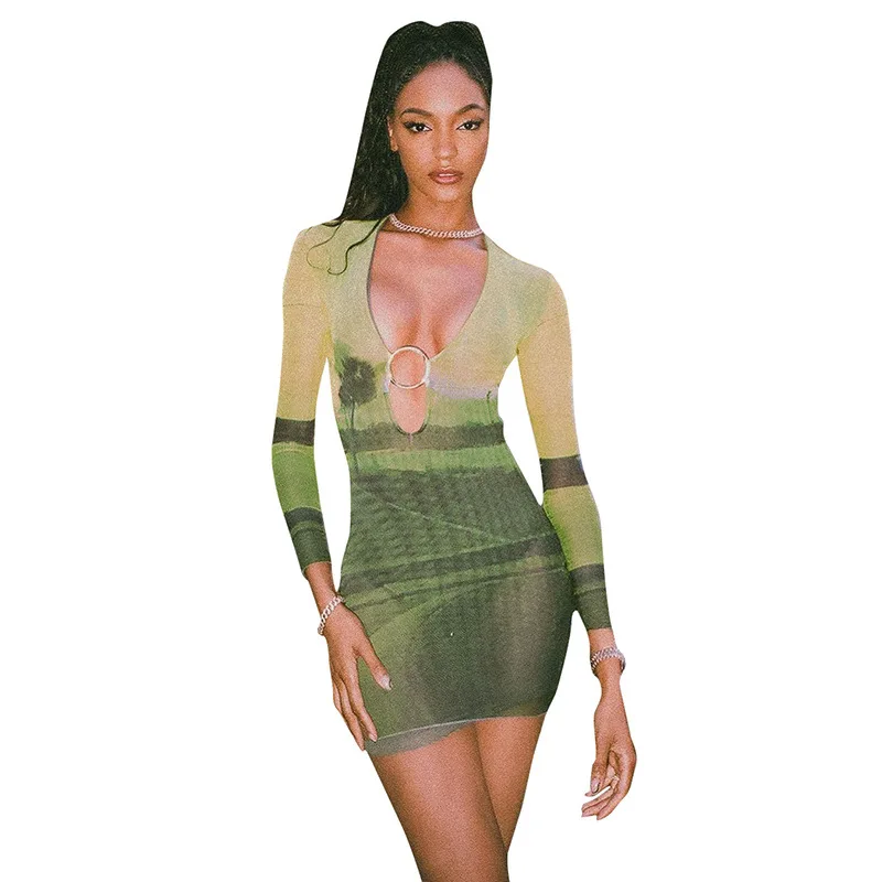 

2021 Summer New Women's Dress Fashion Sexy Elegant Club Party Streetwear Hit Color Sexy Long-Sleeve Dress Office Ladies Clothes