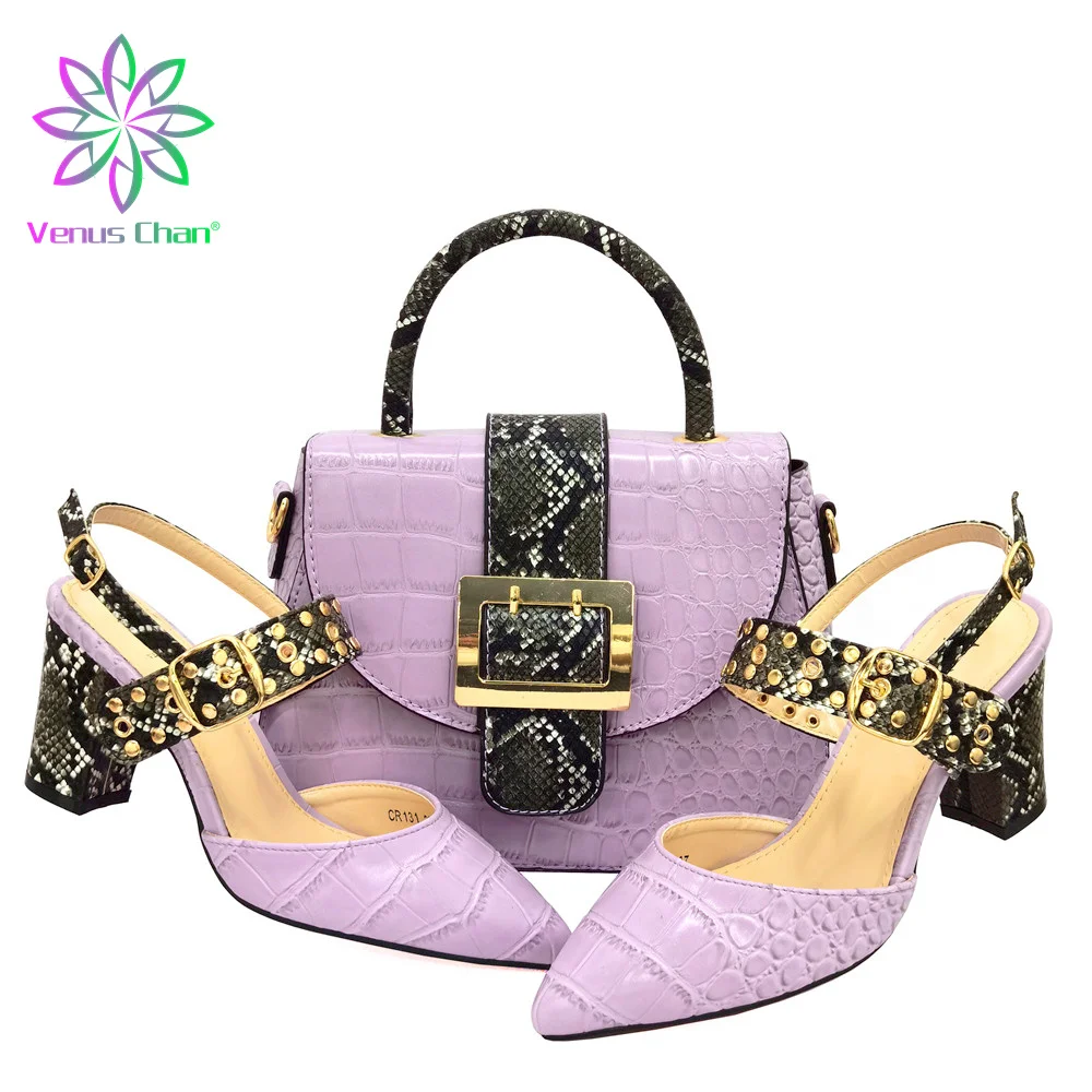 

Latest 2021 Summer Shoes and Bag Set in Purple Color Specials Sandals Arrivals Sandals with Shinning Crystal for Wedding Party