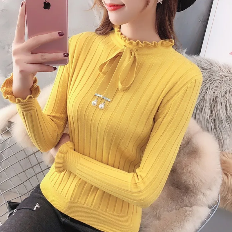 

New Women Spring Autumn Turtleneck Vintage Slim Elastic Sweater Pullovers Female Casual Bowknot Ruffled Knitted Sweater Tops