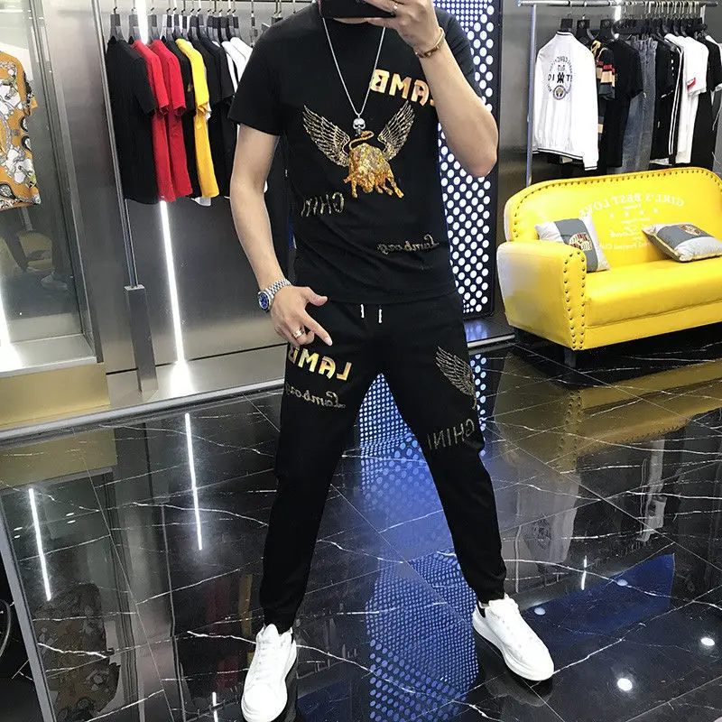 

Sports suit men's ice silk Korean fashion handsome 2021 new hot drill casual short sleeve two-piece set