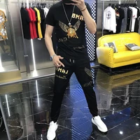 sports suit mens ice silk korean fashion handsome 2021 new hot drill casual short sleeve two piece set