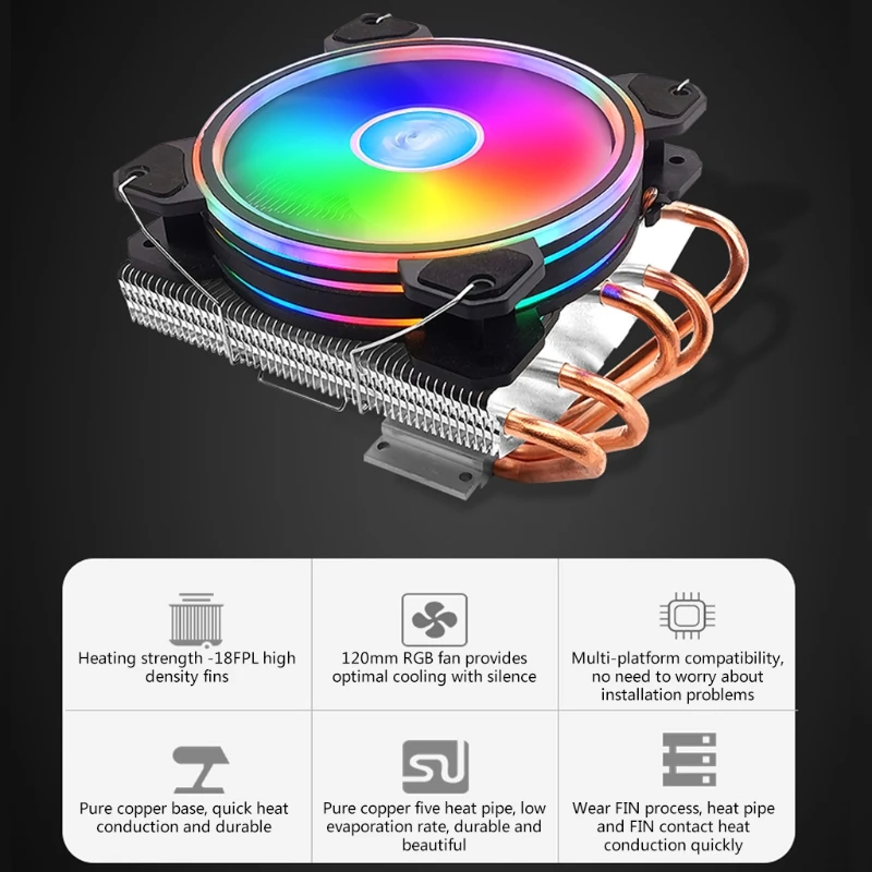 Кулер для процессора цветной радиатор шасси RGB 5 тепловых трубок кулер 12 В
