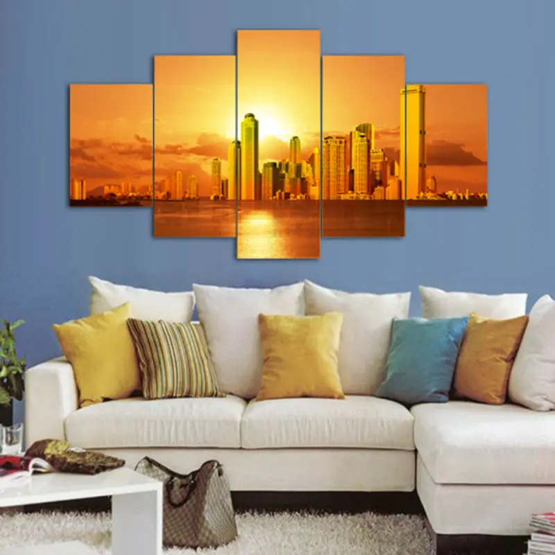 

Beautiful City With Sunset Wall Art Picture Modern Painting Home Wall Decor Canvas Print Painting by Numbers Unframed 5 Pieces