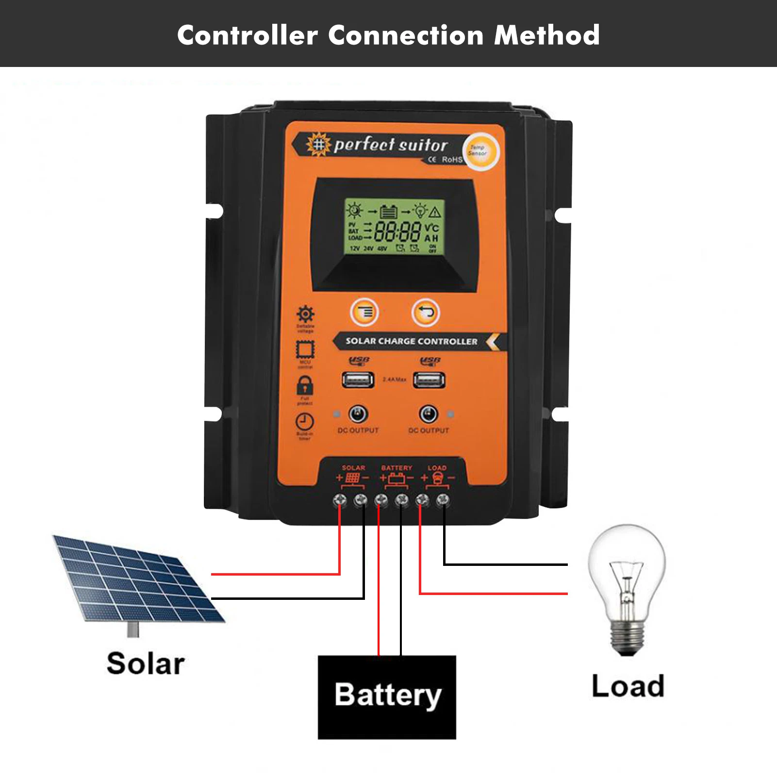 

Solar Charger Regulator LCD Display Solar Panel Controller Regulator with Big LCD Battery Controller Load Timer