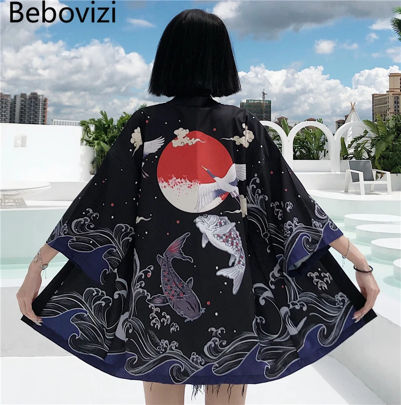Кимоно Bebovizi женское с принтом рыбы традиционный кардиган в стиле Харадзюку юката