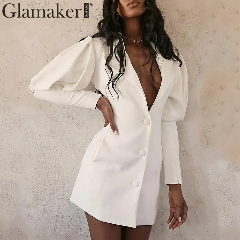 Glamaker Белый Глубокий v обтягивающий пиджак мини платье Женские Длинные Пышные