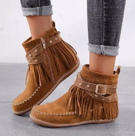 

Женские ботильоны с круглым носком, на плоской подошве, с бахромой и застежкой-молнией, повседневная обувь