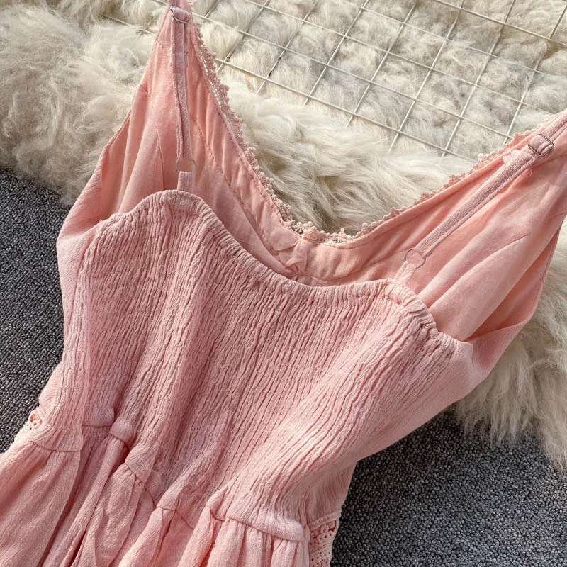 

ZQLZ Summer Beach Dress Women High Waist V-Neck Solid Backless Spaghetti Strap Sexy Dresses Slim Ladies Lace Midi Vestidos