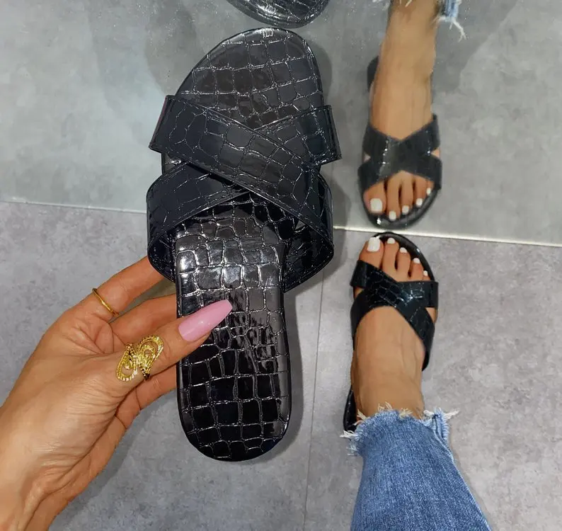 

Shoes Woman 2021 Slippers Flat Pantofle New Rubber Autumn Fretwork Slides PU Fabric Basic Shoes Ladies' Slippers Slipers Women F