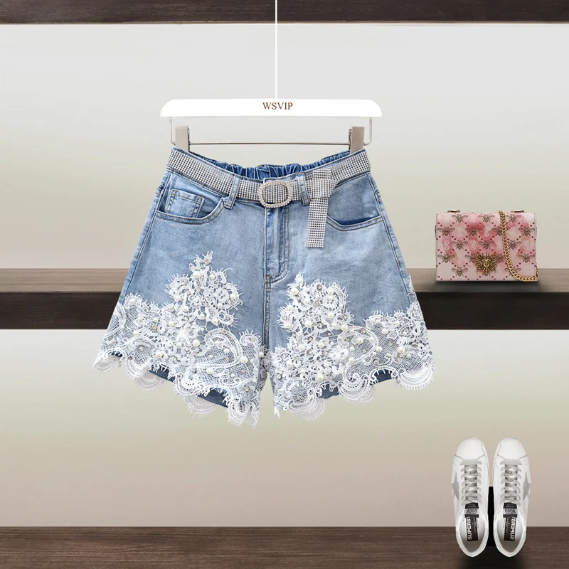 

2021 Summer Lace Patchwork Beading Diamonds High Waist denim shorts women Loose short femme elastic cotton short wide leg jeans