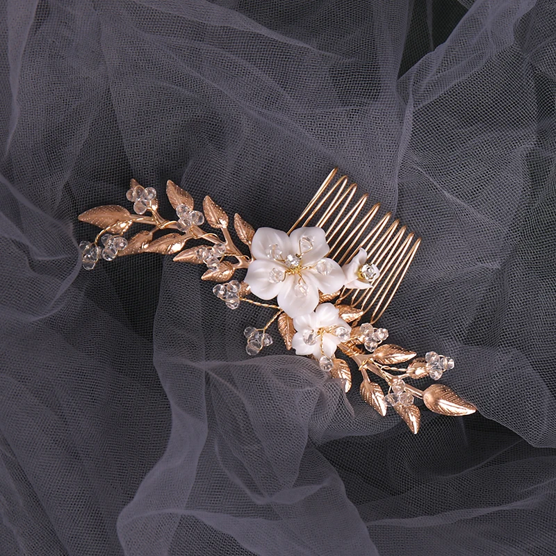 Винтажные золотые свадебные гребни для волос листья цветы кристаллы украшения