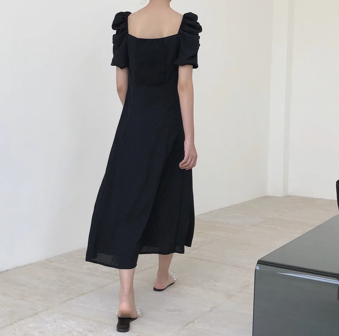 

Summer New French Retro Court Style Square Neck Bubble Sleeve Dress High Waist Split Hepburn Platycodon Skirt