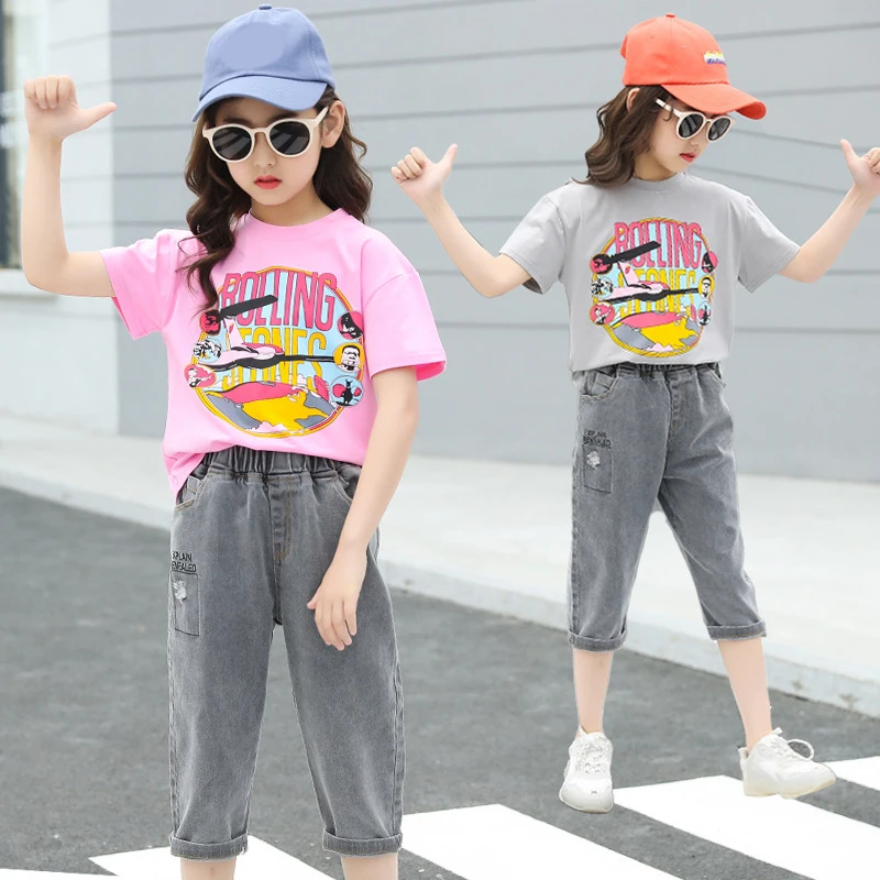 

DIIMUU Baby Children Girls Clothes Sets 2pcs Kids Toddler Wear T-shirt + Jeans 4-13 Years Fashion Cartoon Tops Outfits Suit