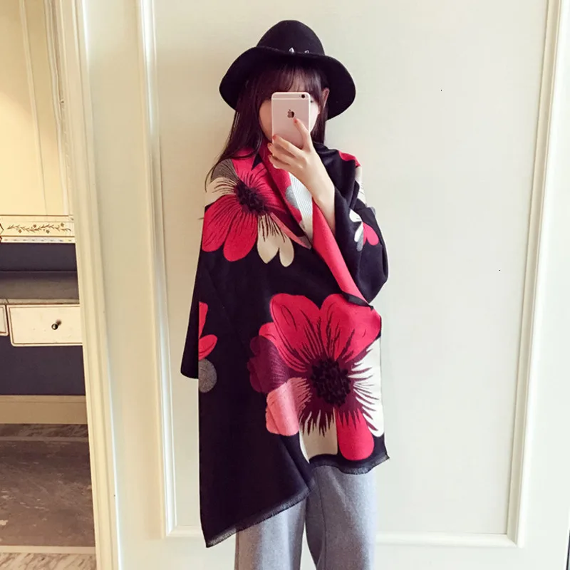 

High Quality Women Fashion 2019 Winter Korean Lady's Double-sided Warm Thickened Large Flower Imitation Cashmere Scarf Shawl