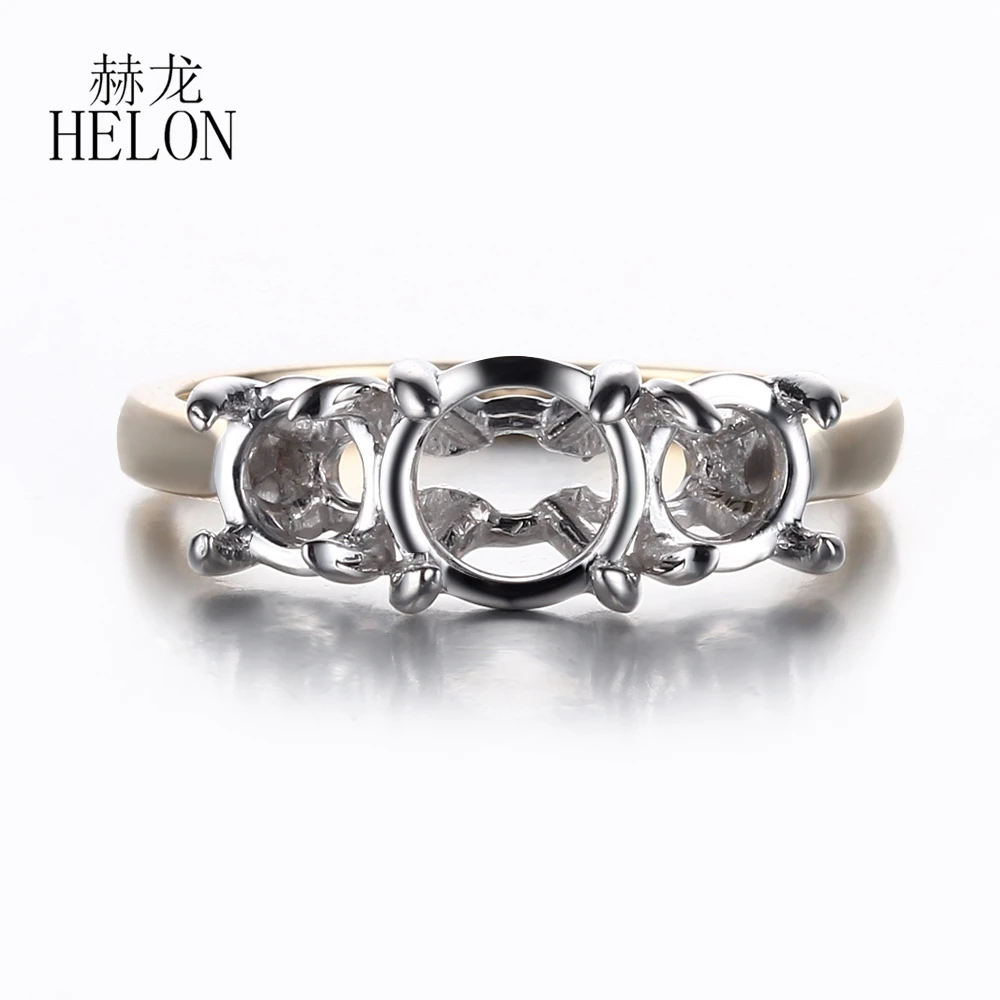 

HELON Solid 10K White & Yellow Gold Three Stone style Ladies Jewelry Semi Mount Engagement Wedding Ring Setting Fit Round 6mm