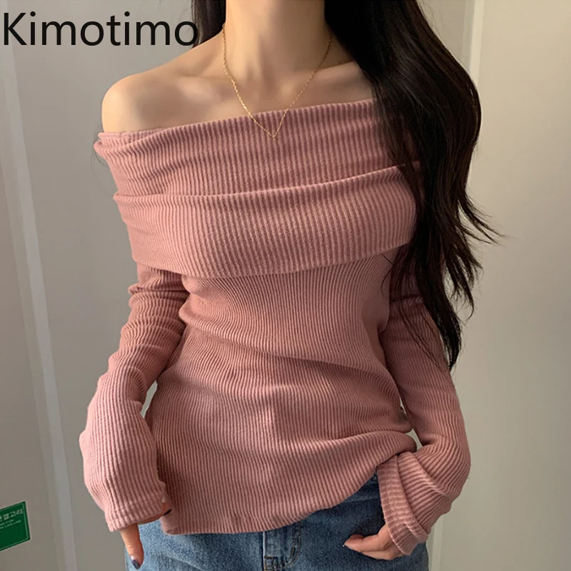 

Kimotimo вязаный пуловер с воротником-лодочкой женский корейский шикарный простой дизайнерский свитер осенне-зимние свитера с открытыми плеча...