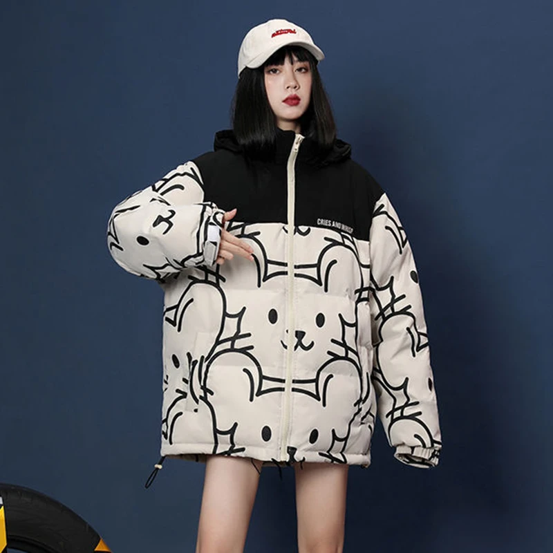 

2021 Winter Student Coat Short Padded Jacket New Women Parka Oversize Graffiti Niche Warm Print Outerwear