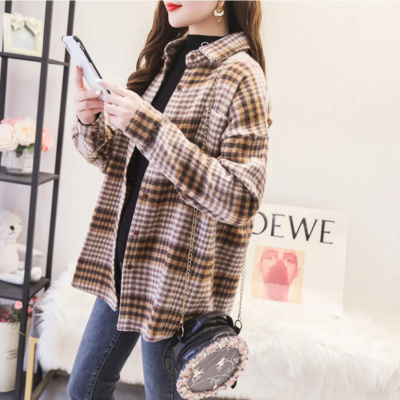 

2021 Autumn Winter Long Sleeve Plaid Coat Woolen Oversized Women Casual Loose Long Jacket Fashion Pocket Ladies Outwear
