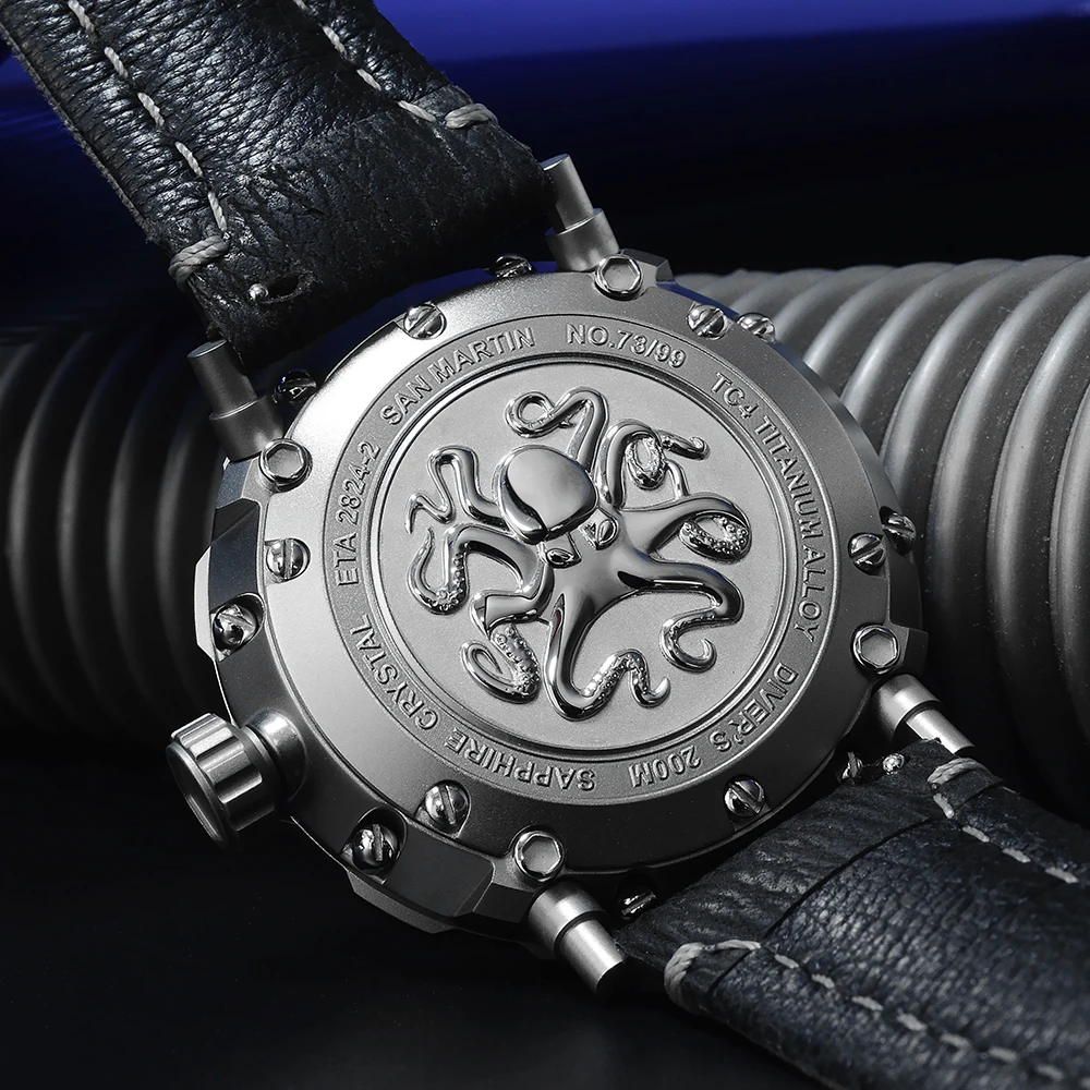 

San Martin Mens Diver Watch Titanium Original Design Limited Edition Mechanical Watches Sapphire 200M Shark Leather Watchband