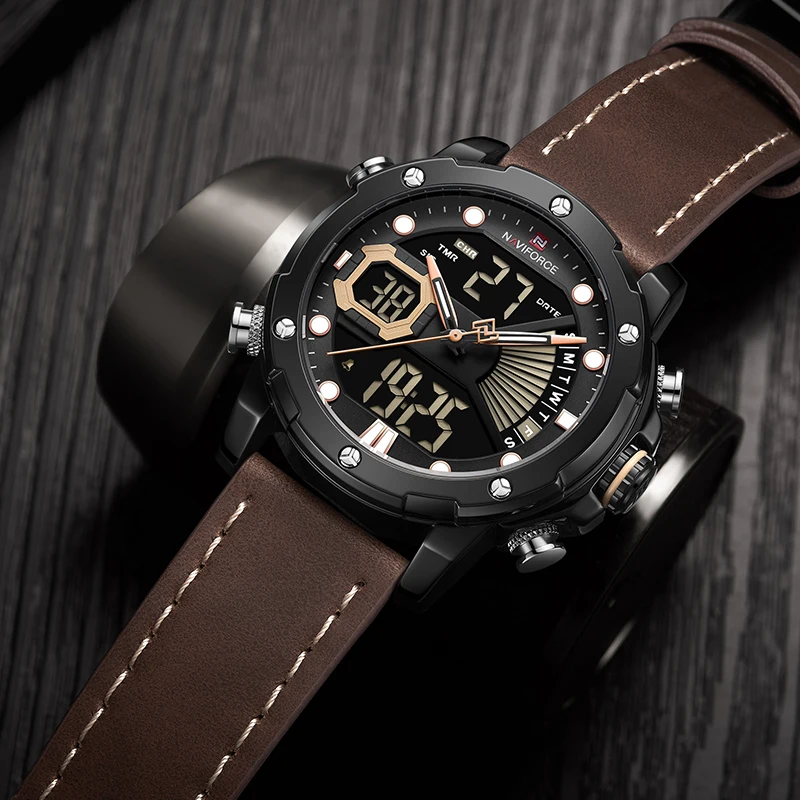 

NAVIFORCE Men‘s Led Digital Watches Military Sport Luminous Dual Time Week Display Leather Waterproof Watches Relogio Masculino