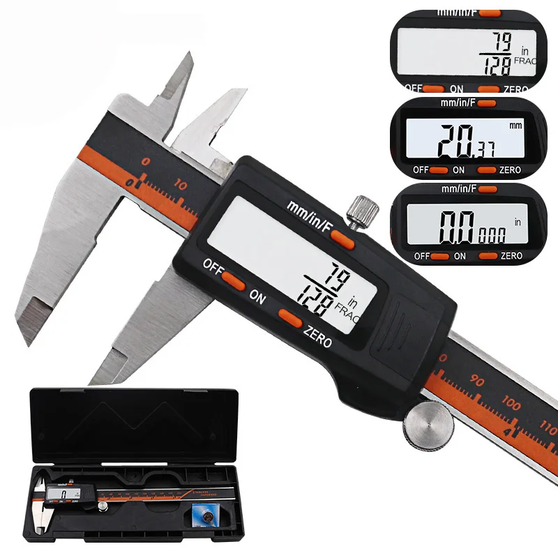 Caliper with box Штангенциркуль из нержавеющей стали с цифровым дисплеем 150 мм фракция/мм/дюймовая высокая точность штангенциркуль из нержавеющей стали с ЖК-дисплеем - Цвет: Caliper with box