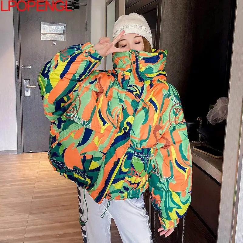Warm Winter Cotton Jacket Women 2021 Graffiti Print Fashion Hooded Short Parka Coat Girls Thick Streetwear Hip-hop Padded Jacket