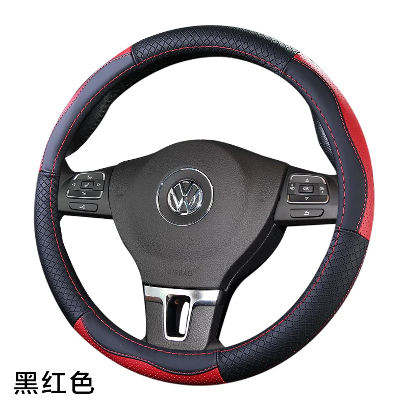 Верхний слой кожаный руль чехлы для Volkswagen VW Ameo Arteon CC Beetle Golf GTI Jetta Passat Phideon Polo Vento tiguan - Название цвета: A black with red