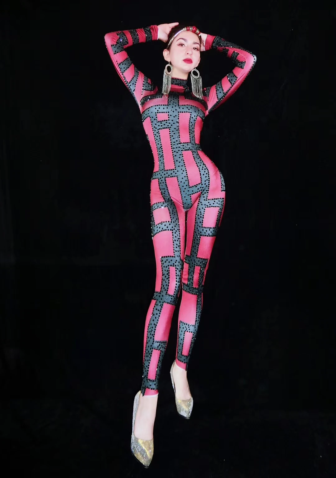 

Geometric Design Rhinestone Women Tight Fitting Jumpsuits Nightclub Pole Dancing Performance Costumes New Women Acrobatics Wear