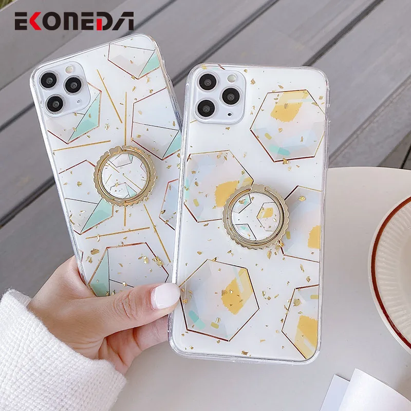 

EKONEDA Finger Ring Stand Case For iPhone 11 Pro XS Max XR X 6 6S 7 8 Plus SE 2020 Case Gold Foil Geometric Marble Cover