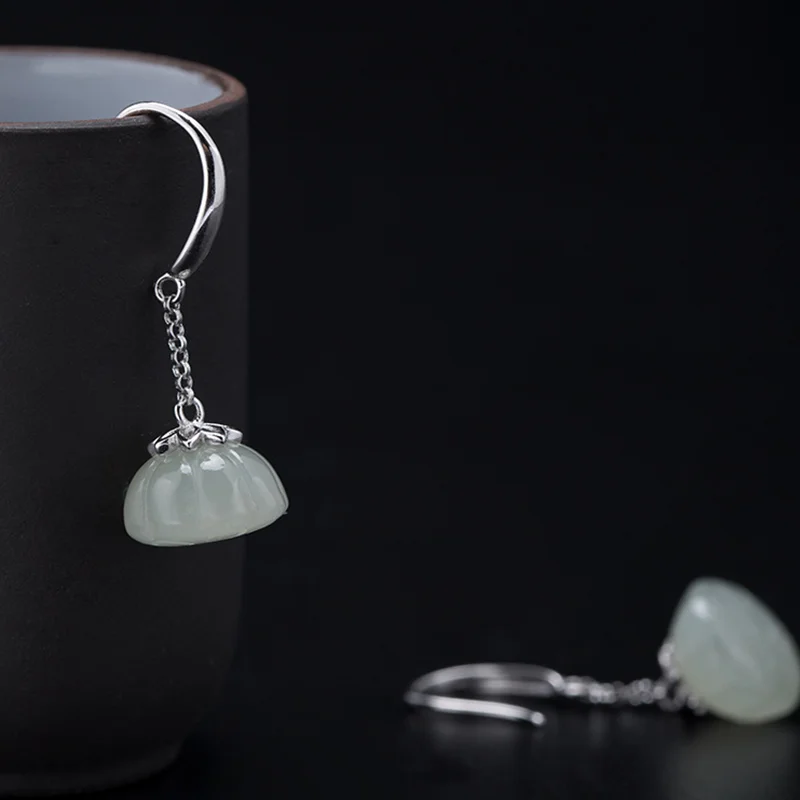 

Fashion Vintage 925 Silver Dangle Natural Jade Gemstones Drops Women Earrings Luxury Female Jewelry