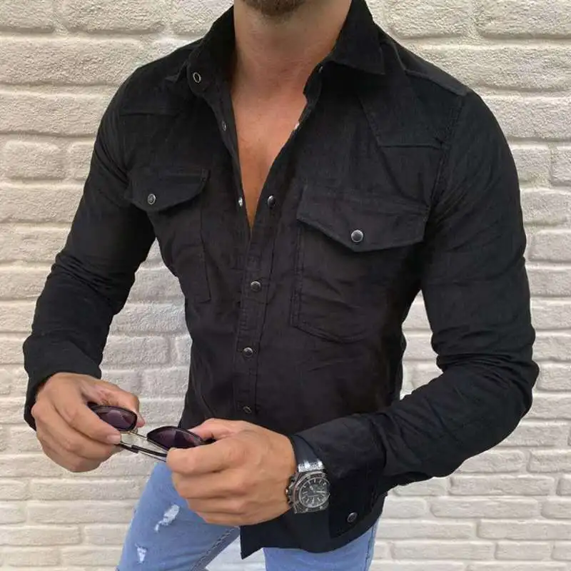 Men Clothing 2021 Spring Autumn New Men's Shirt European Size Men's Fashion Casual Solid Color Button Slim Long-sleeved Shirt
