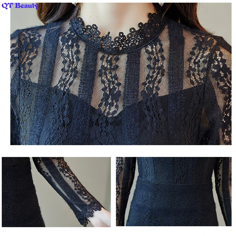 

2019 Autumn and Winter New Fashion Dress bottoming Female long-sleeved sanded Lace Stitching Dress Plus Velvet Thickening