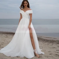 sexy white side slit wedding dress off the shoulder modest brush train floor length with chiffon bridal gown 2021 custom made