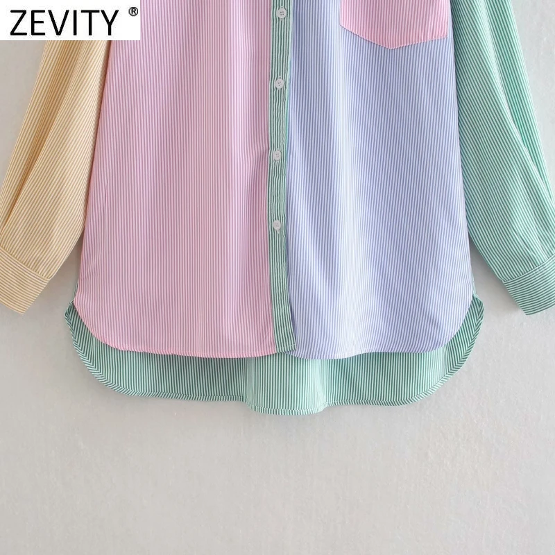 

Zevity New Women Fashion Candy Colors Patchwork Striped Shirt Female Pocket Patch Oversize Blouse Chic Summer Blusas Tops LS9472