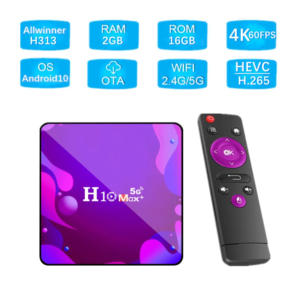 

H10 Max plus Smart TV Box 2.4G&5G WIFI 4K Smart Media Player Android 10.0 Set Top Box H313 Quad Core 64Bit 2GB 16GB ROM