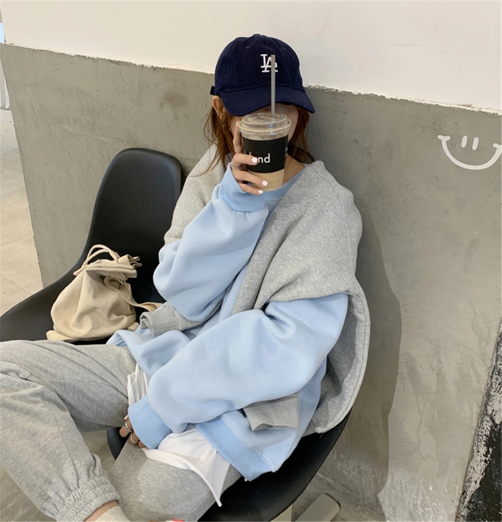 Женская теплая флисовая толстовка в Корейском стиле модный плотный однотонный
