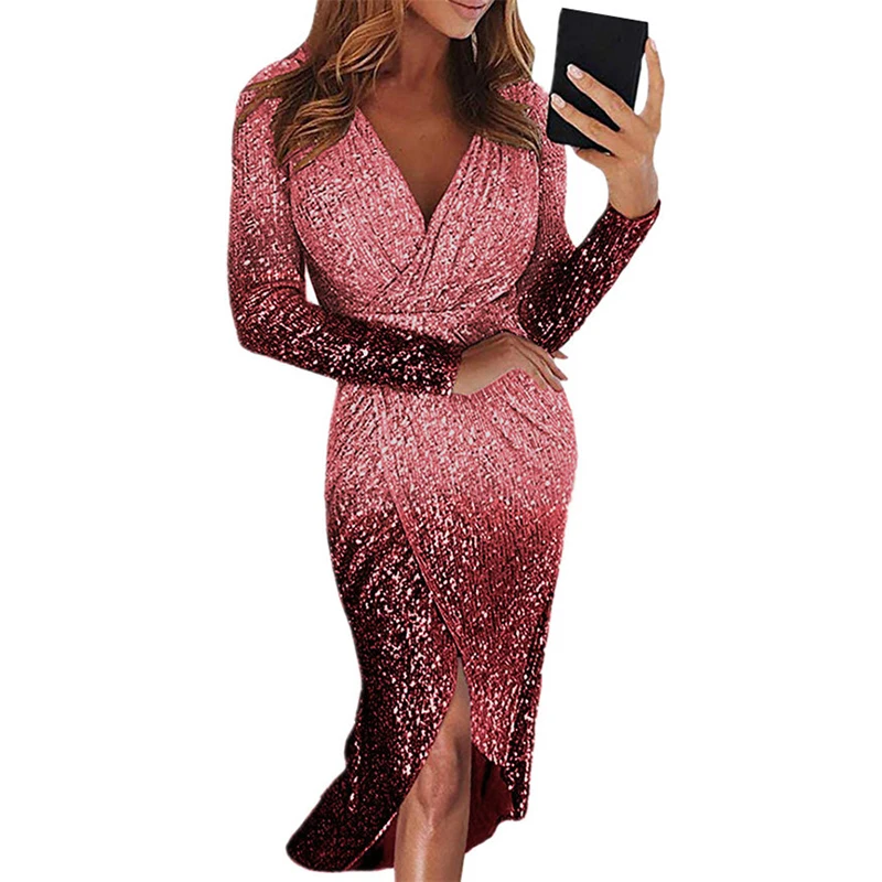 Women Front Split Dress Glitter Gradient V Neck Long Sleeve Elegant Dresses Female Club Party Night Robe Vestidos SJ5087F | Женская