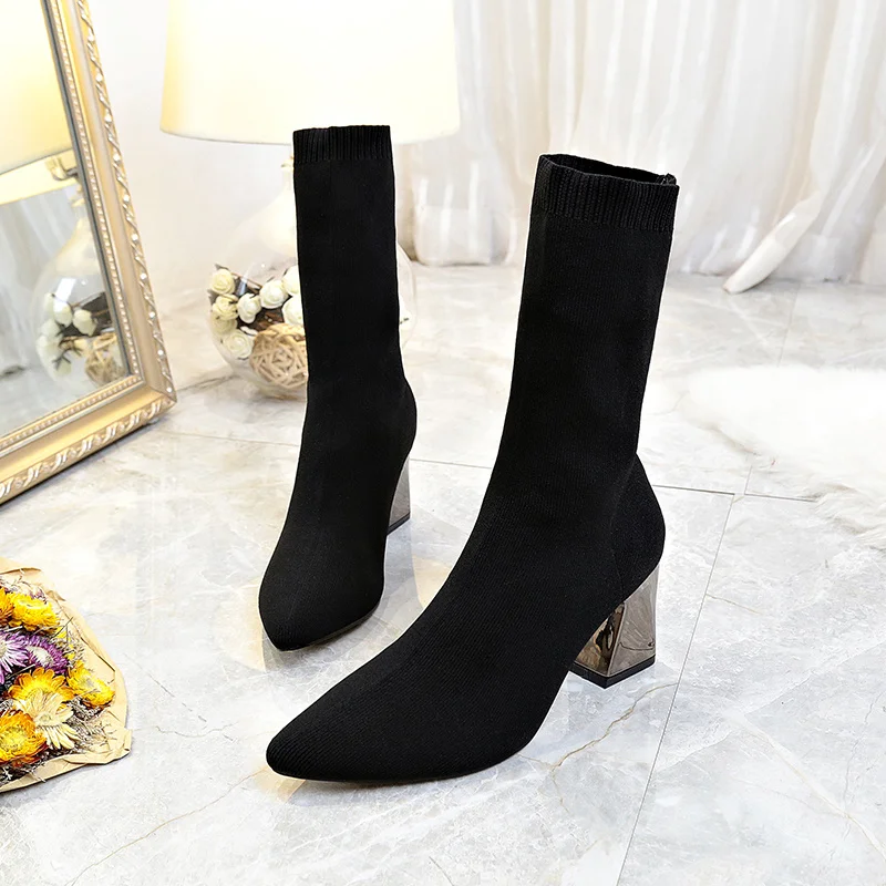

Square Heel Elastic Ankle Boots for Women Botas Plus Size35-43 Warm Stretch Fabric Socks Boots Women Tube Fashion Short Boots