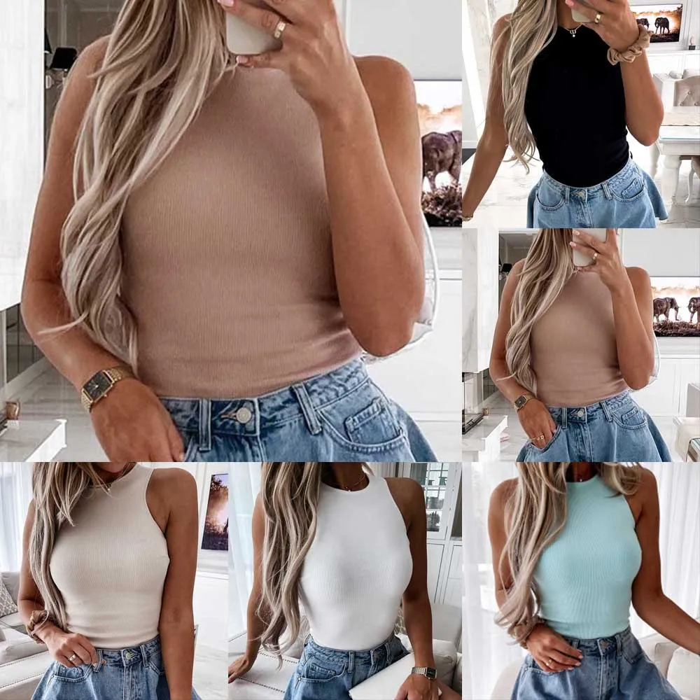 

Women Casual Sleeveless Tank T Shirt Crew Neck Solid Blouse Beach Party Slim Top Hot Sale 2021 Summer Women Sexy Sleeveless Tops