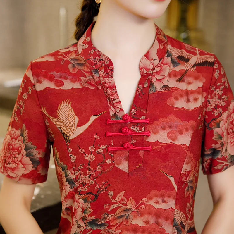 Летнее платье в китайском национальном стиле ретро с V образным вырезом