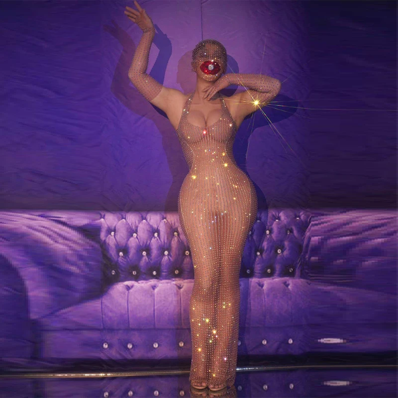 

Long Dress Nude Mesh Silver rhinestone Sexy Trasparent Dress Women Evening Birthday Celebrate Costume Singer See Through Dance