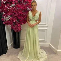 elegant pleat chifon long v neck prom dresses sparkly beadings waist open evening gowns 2021 formal dress vestidos de fiesta