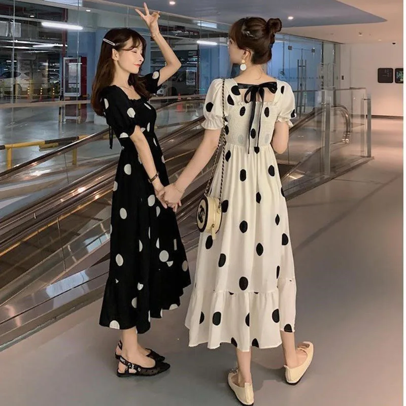 

Ladies Dress 2021 Summer New Style Dress Square Neck Puffy Sleeve Dress Temperament High Waist Long Skirt A Word Polka Dot Dress